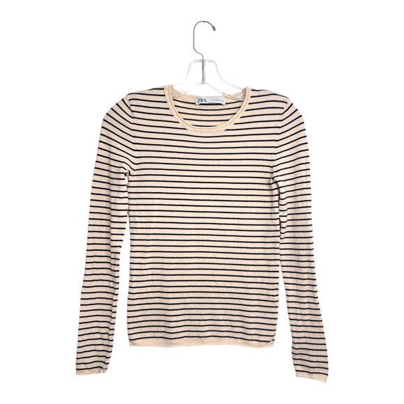 ZARA French Striped Cream and Black Crewneck Sweater - Picture 1 of 5